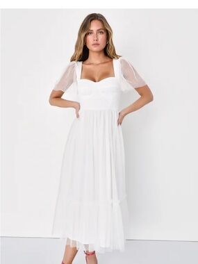 Lulu's White Midi Dress with Sheer Puff Sleeves